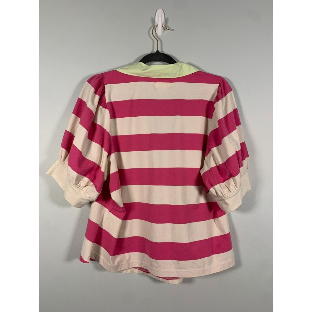 NWT Maeve Anthropologie Pink Rugby Stripe Puff Sleeve Polo Shirt 1X Preppy - Picture 3 of 7